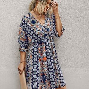 SHEIN Blue and Orange Boho Dress